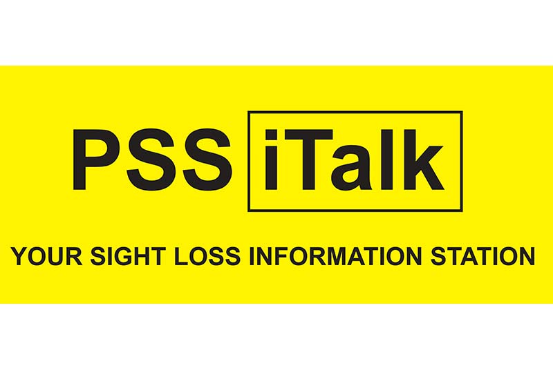 The PSS iTalk logo -  the words "PSS iTalk - your sight loss information service" written inside a yellow rectangular rectangle